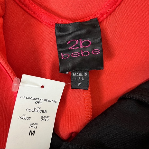 2b Bebe Bodycon Gia Mesh Front Cross Mini Dress Red Black Cocktail Party Y2K - Picture 8 of 16